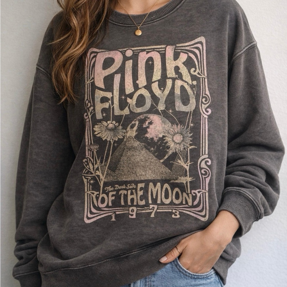 Pink Floyd Dark Side Moon Crewneck Girls L Oversized Vintage Band Sweatshirt